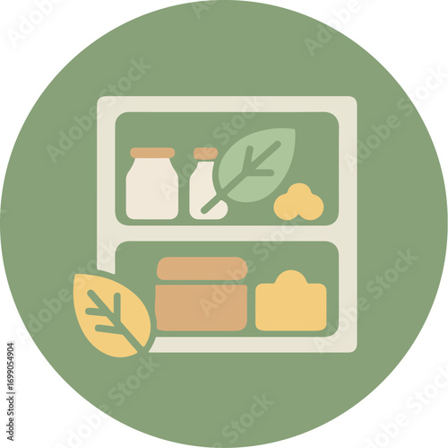 Light green refrigerator filled with organized groceries on green background