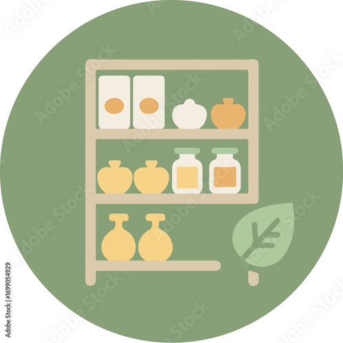 Minimalist flat-style illustration of a three-tiered shelf with white boxes, garlic, pumpkins, yellow jars, bottles, and bags on a green background