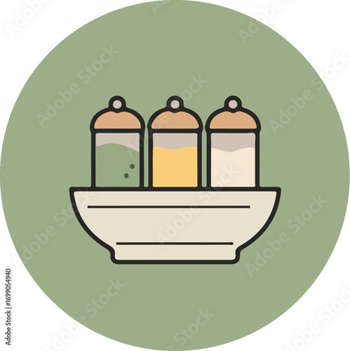 Three cylindrical jars with green, yellow, and white contents arranged in a row on a white surface