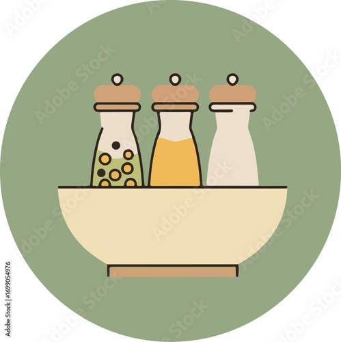 Three condiment bottles with wooden lids in a beige dish on a minimalistic stand against a muted green background