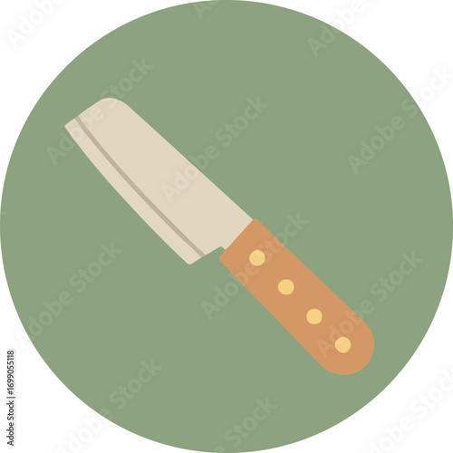 Single kitchen knife with metallic blade and wooden handle on light green background