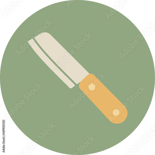 Single knife with polished metallic blade and bright orange handle on light green background