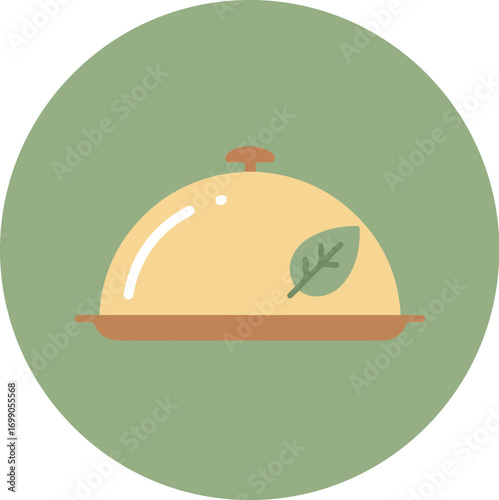 Close-up of a covered dish with a slightly askew dome-shaped lid on a round orange tray with a green leaf on top