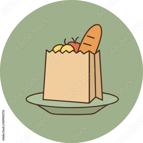 Cartoon illustration of a brown paper bag with fresh produce on a green plate