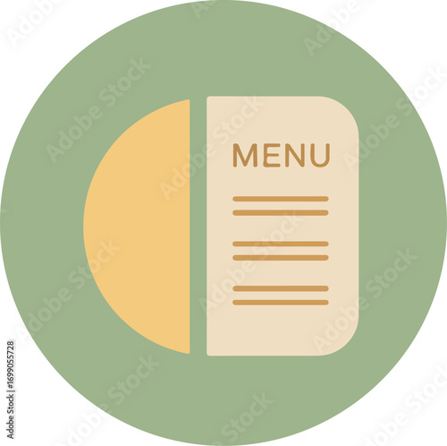Modern graphic design with circular frame, yellow crescent, and menu book for culinary branding