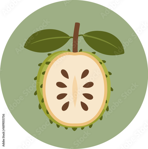 Bisected custard apple with leaves on green background