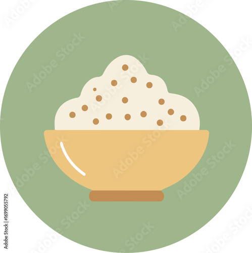 Minimalist illustration of a brown bowl with creamy yogurt or ice cream and nut or chocolate chip toppings on a green background