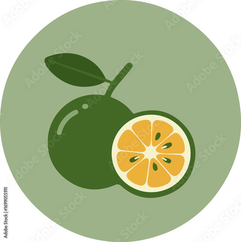 Whole orange and cross-section on green background