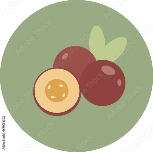 Close-up of three ripe passion fruits with one halved against a muted green backdrop