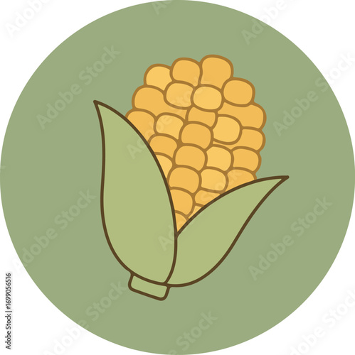 Illustration of an ear of corn with green leaves on a circular green background