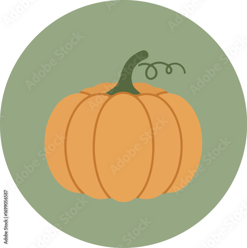 Single vibrant pumpkin with green stem on muted green background