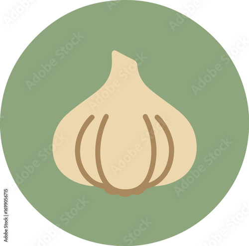 Minimalist illustration of a light beige garlic bulb with fine brown lines on a solid green gradient background