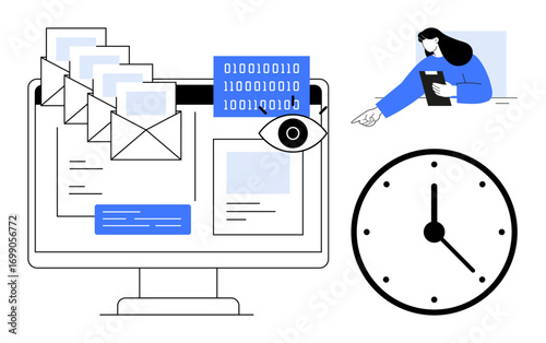 Computer screen with emails, binary data, and an eye icon, clock for time tracking, woman with tablet. Ideal for communication, cybersecurity, email management, digital privacy data analysis
