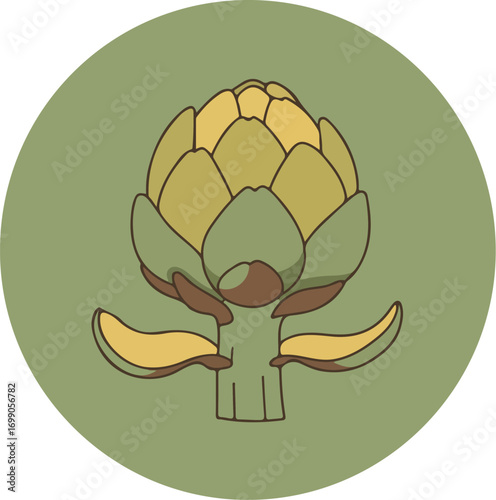 Detailed botanical illustration of a single artichoke with a natural color palette