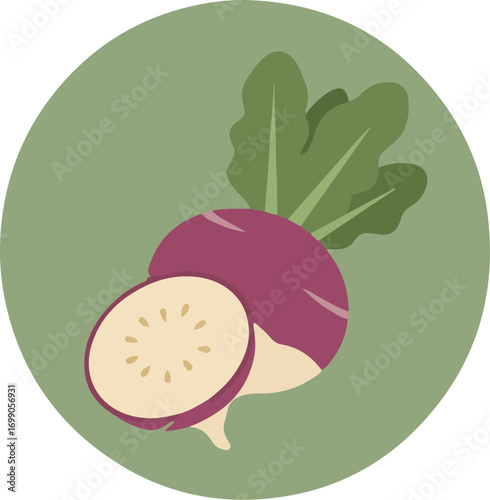 Halved radish with purple exterior and white interior on green background