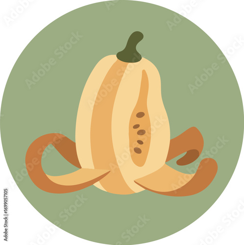 Close-up illustration of a ripe banana with partially peeled orange skin on a green background