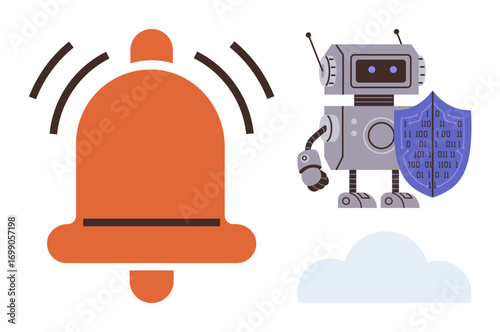 Robot holding shield with binary code, red ringing alarm bell, and cloud. Ideal for cybersecurity, data protection, cloud computing, AI, system alert, network safety simple flat metaphor