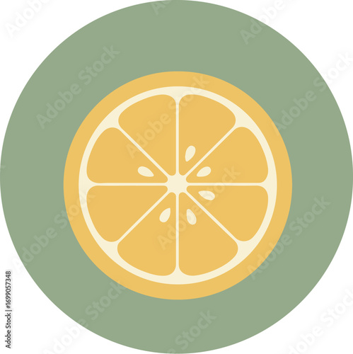 Single slice of orange with bright yellow-orange interior and pale creamy outer rind on light green background