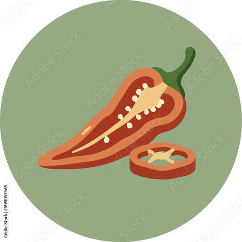 Illustration of a bisected red chili pepper and tomato slice on a light green background