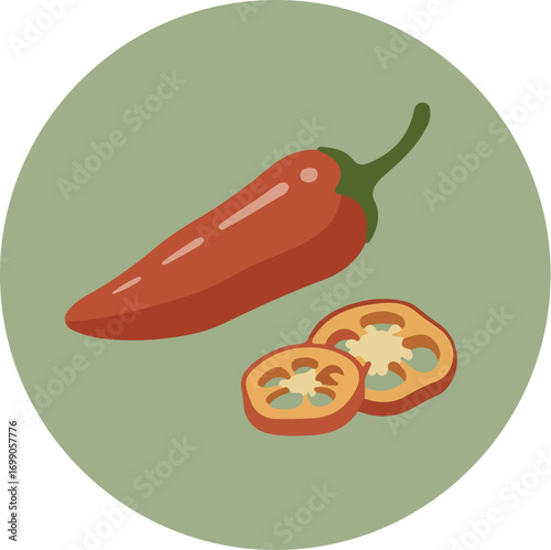 Close-up of a glossy red chili pepper with cross-sections on a light green circular background