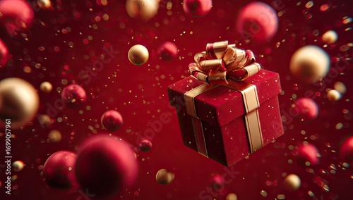 Floating gift box surrounded by festive balls and confetti