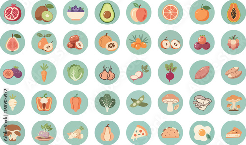Flat-style illustration of fresh fruits, vegetables, and prepared food items in circular frames on light green background