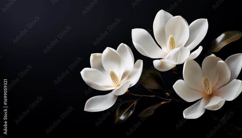 Obraz premium white magnolia flowers on black background in minimalist style