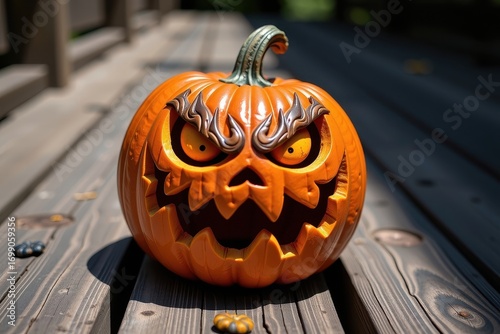Gnarled Halloween pumpkin sits on weathered wooden planks, ominous shadows accentuate its carved features, halloween decoration, halloween background