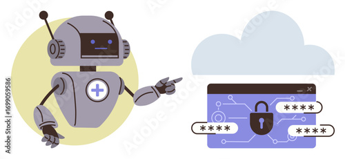 Robot pointing at cloud storage with locking mechanisms, secure passwords, and encrypted data. Ideal for AI, cybersecurity, technology, data protection, privacy, network security simple flat