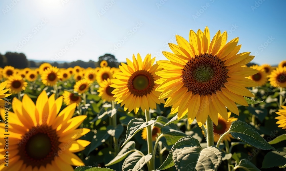 Obraz premium Vibrant yellow sunflowers in full bloom, stretching towards the sun in a vast field. Golden petals and tall stalks create a breathtaking summer landscape, yellow, sunshine