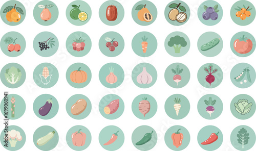 A vibrant illustration of a structured grid of circular frames filled with diverse fruits and vegetables on a soft mint-green background