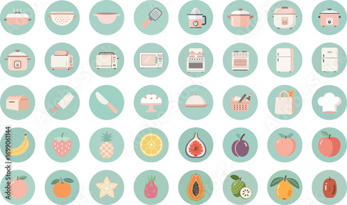 40 kitchen utensil and fruit icons in flat minimalist style with pastel colors on round badges