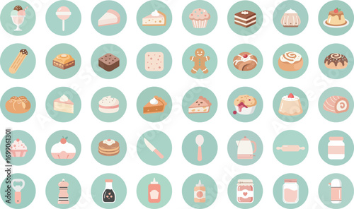 40 dessert and baking icons in round badges with pastel colors