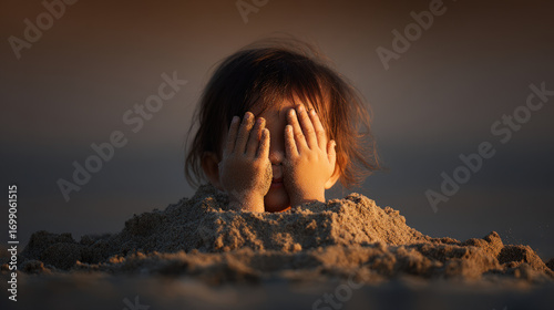 playful child joyfully hides their face from bright sun with small hands feeling warm rays