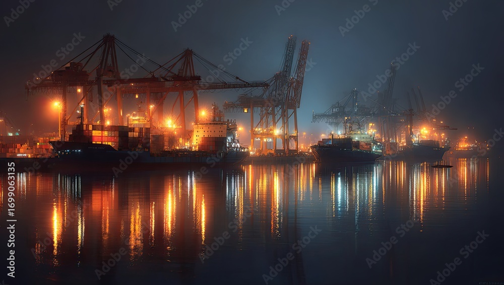 Fototapeta premium Misty harbor at night, cargo ships and cranes