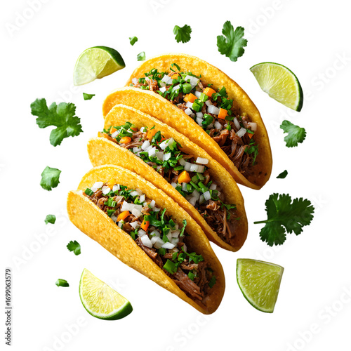 slices of Mexican street tacos with visible carnitas and chopped onions suspended