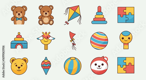 Cheerful Assortment of Colorful Flat Design Kids' Toys and Playthings Icons