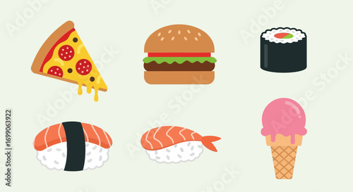 Colorful Assortment of Popular Fast Food and Sushi Flat Design Icons