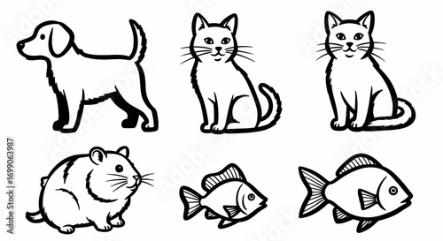 Playful Minimalist Black Line Art Icons of Various Household Pets