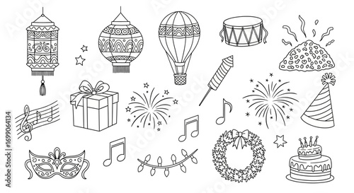 Festive Doodle Line Art Set of Celebration and Holiday Event Elements