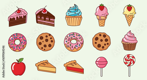 Vibrant Assortment of Cute Cartoon Desserts Candies and a Fresh Red Apple