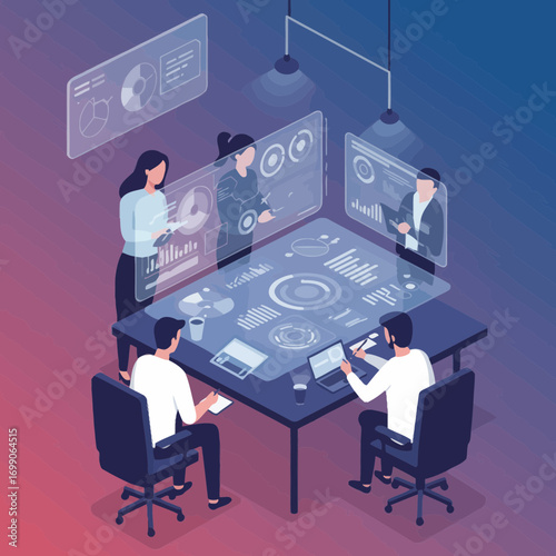 Business Team Analyzing Holographic Data Display