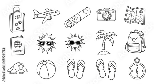 Black Line Art Hand-Drawn Travel Vacation and Holiday Doodle Icons