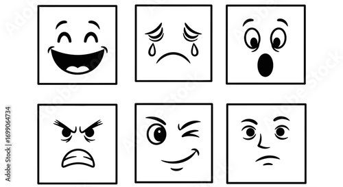Diverse Black and White Cartoon Square Faces Expressing Six Distinct Emotions