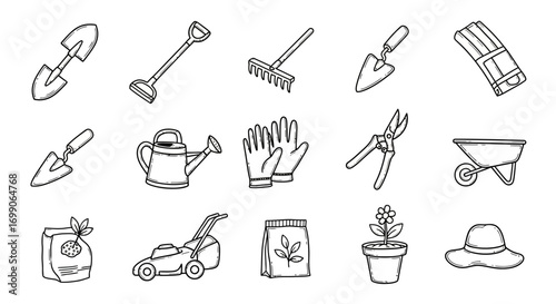 Essential Garden Tools and Supplies: Hand-Drawn Doodle Outline Icons