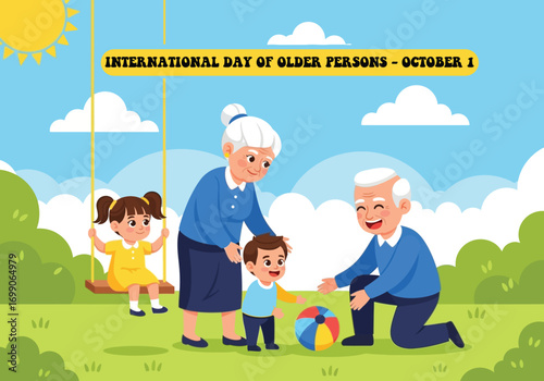 vector illustration of grandparents playing with their grandchildren in a park for an International Day of Older Persons celebration.