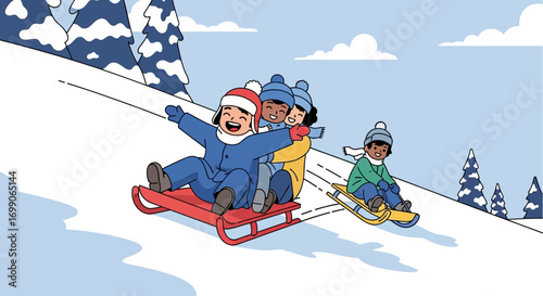 Joyful Children Sledding Down Snowy Hill in Winter Wonderland