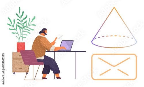 Woman focused on laptop at desk with plant and cabinet, accompanied by cone and envelope graphic. Ideal for communication, organization, productivity, office, creativity, focus, simple flat metaphor
