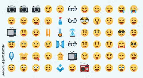Diverse Flat Design Emoji and Icon Collection on Light Blue Background