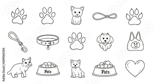 Hand-drawn Pet Care Icons: Dogs Cats Paws Leash Collar and Food Bowls